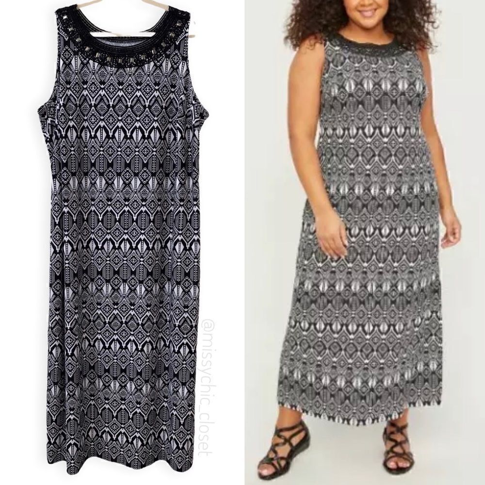 Catherines Size 2X Crochet with Studded Neckline Maxi Dress